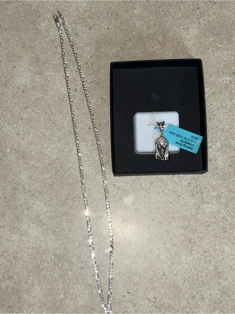 925 Silver Jesus Face Pendant Moissanite w/ 22” Figaro Chain New With Tags